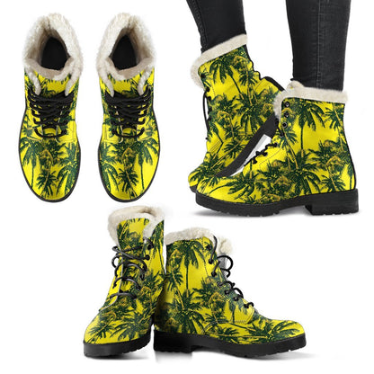 Yellow Palm Tree Pattern Print Comfy Boots GearFrost