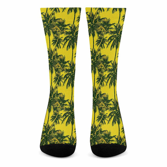 Yellow Palm Tree Pattern Print Crew Socks