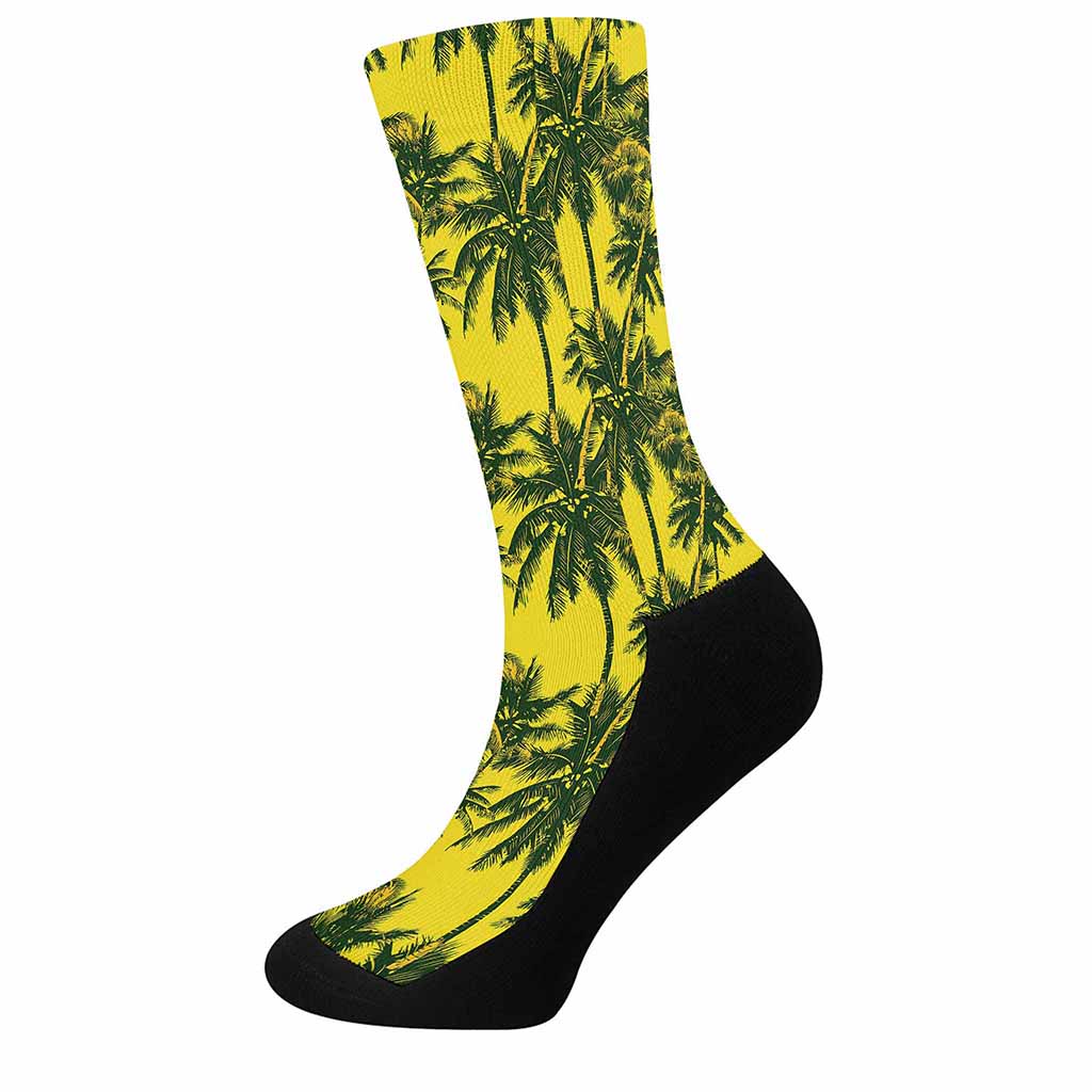 Yellow Palm Tree Pattern Print Crew Socks