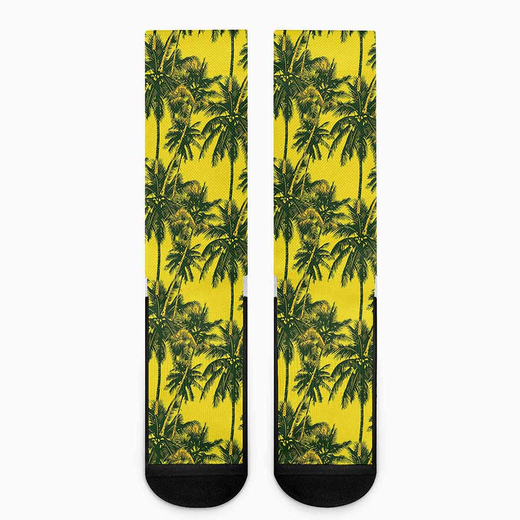 Yellow Palm Tree Pattern Print Crew Socks
