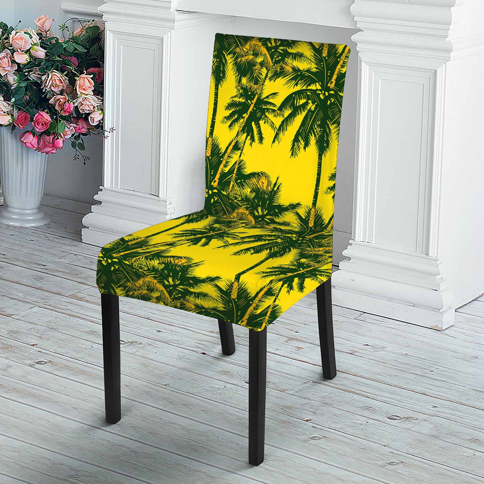 Yellow Palm Tree Pattern Print Dining Chair Slipcover