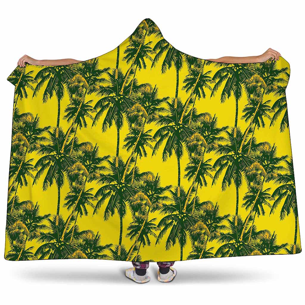 Yellow Palm Tree Pattern Print Hooded Blanket