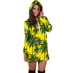 Yellow Palm Tree Pattern Print Hoodie Dress GearFrost