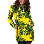 Yellow Palm Tree Pattern Print Hoodie Dress GearFrost