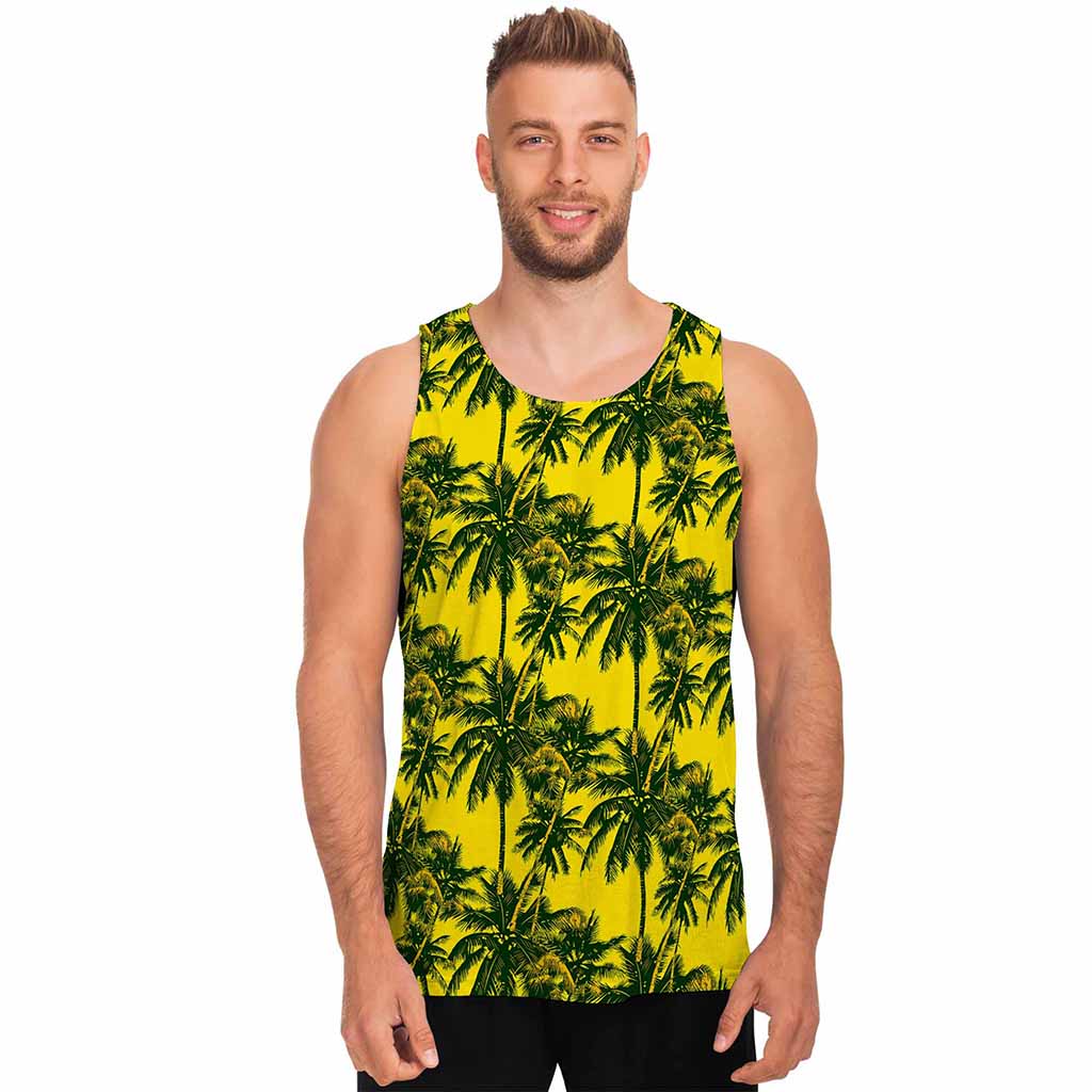 Yellow Palm Tree Pattern Print Men's Tank Top