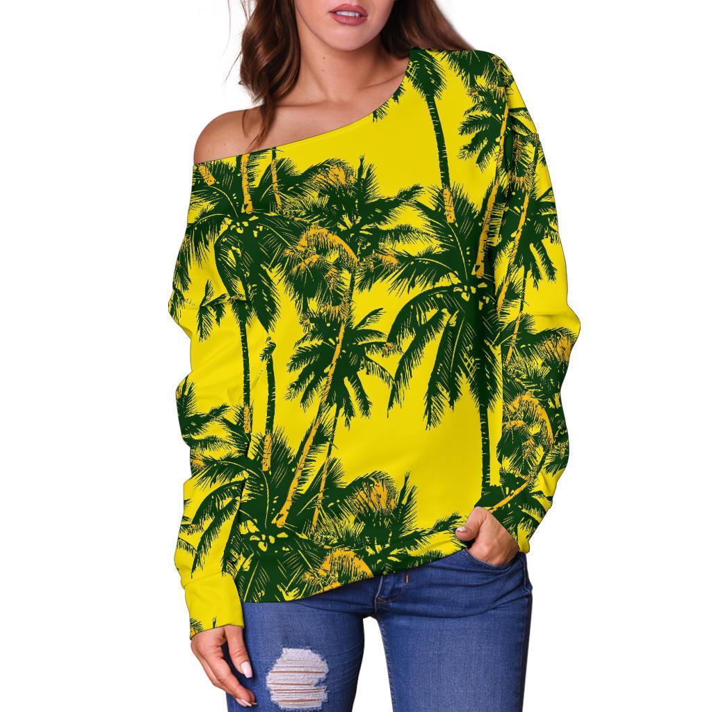 Yellow Palm Tree Pattern Print Off Shoulder Sweatshirt GearFrost