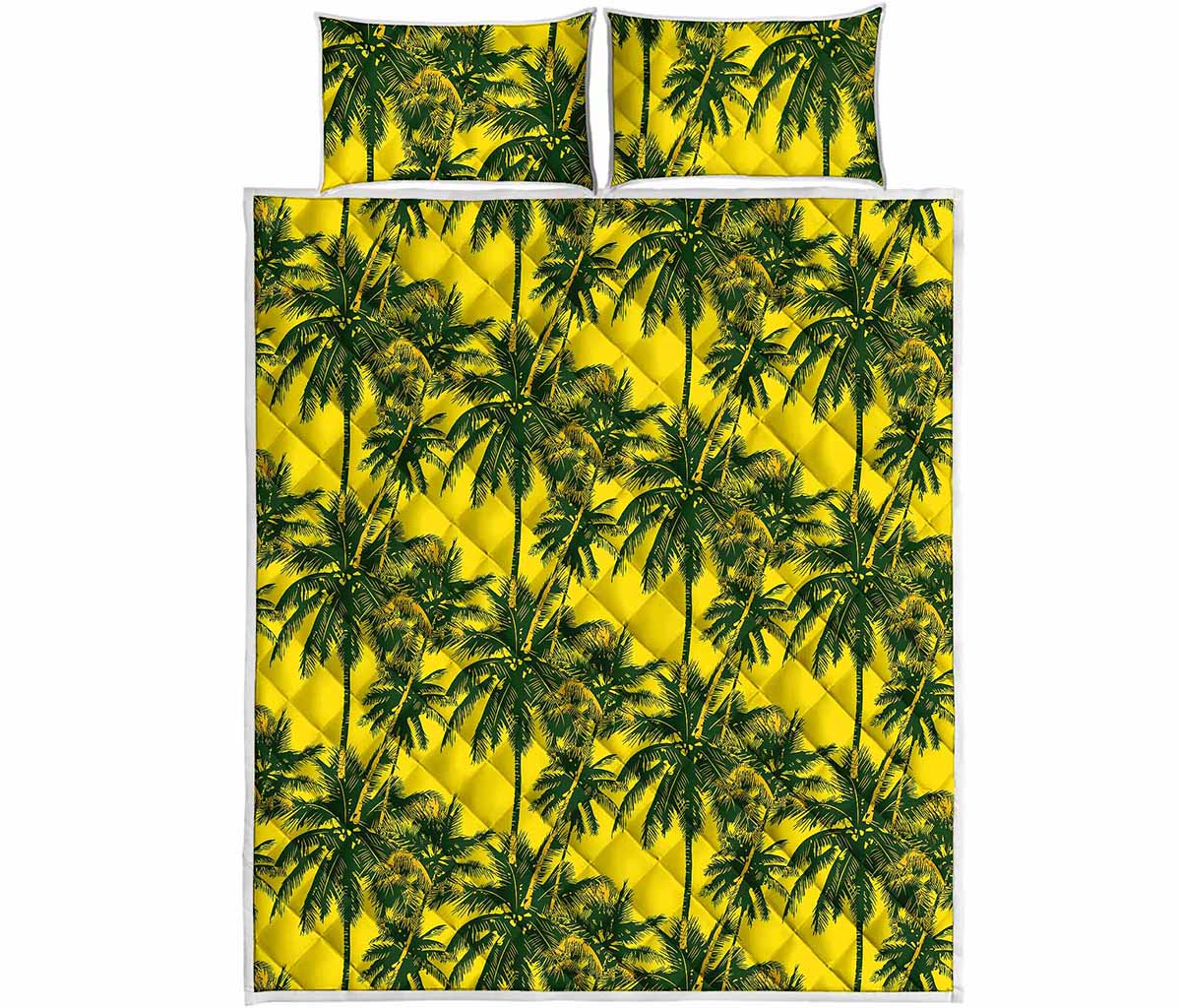 Yellow Palm Tree Pattern Print Quilt Bed Set