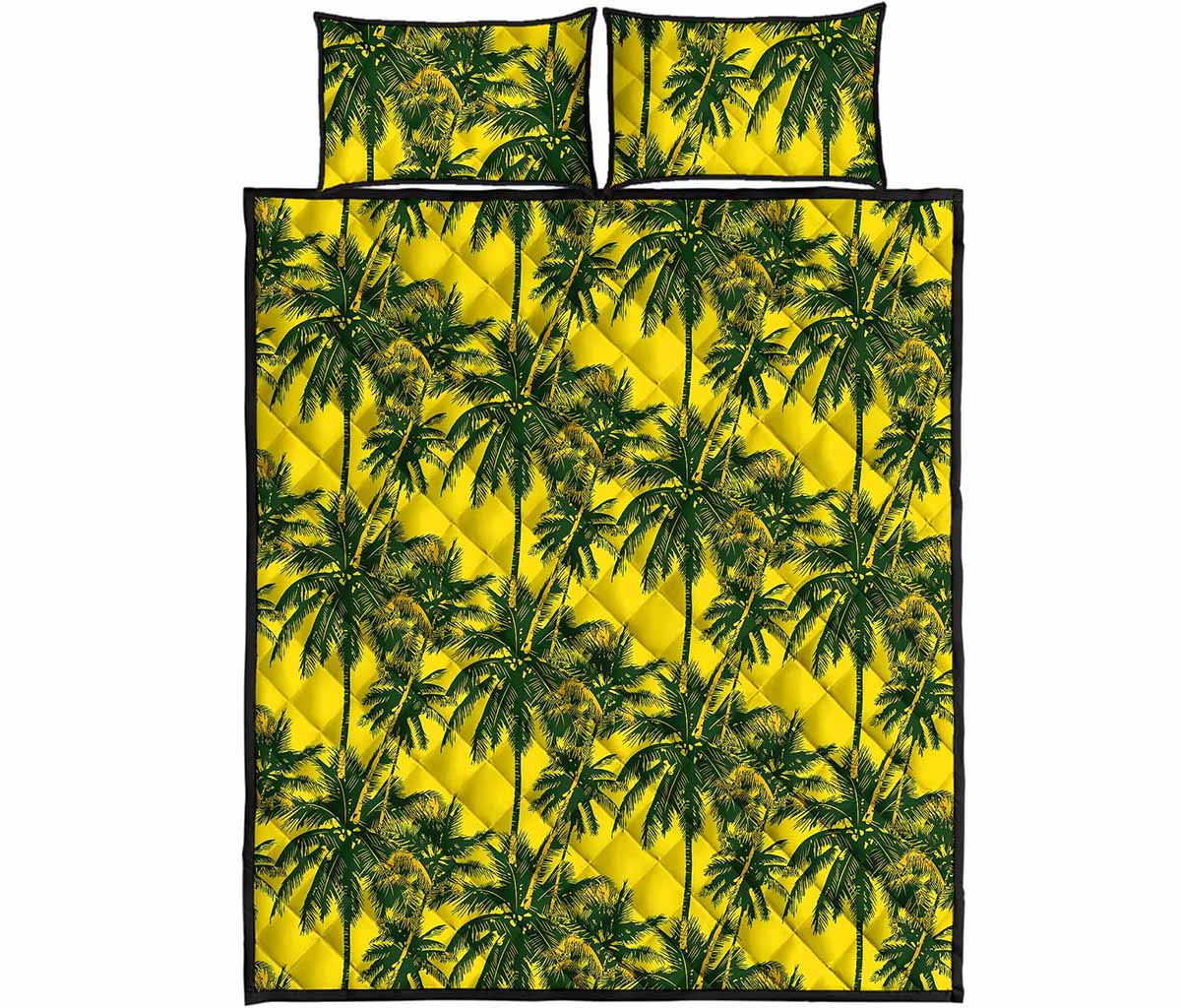 Yellow Palm Tree Pattern Print Quilt Bed Set