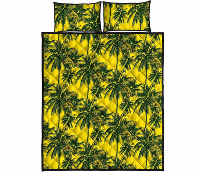 Yellow Palm Tree Pattern Print Quilt Bed Set