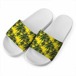 Yellow Palm Tree Pattern Print White Slide Sandals