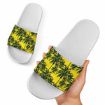 Yellow Palm Tree Pattern Print White Slide Sandals