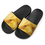 Yellow Pineapple Pieces Print Black Slide Sandals