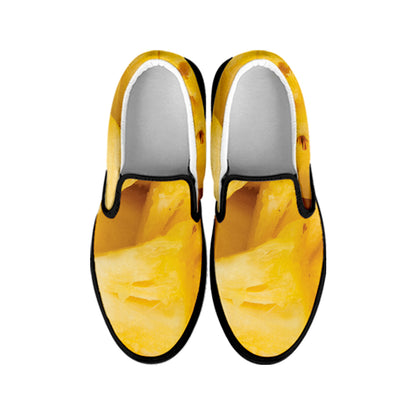 Yellow Pineapple Pieces Print Black Slip On Shoes