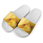 Yellow Pineapple Pieces Print White Slide Sandals
