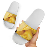 Yellow Pineapple Pieces Print White Slide Sandals