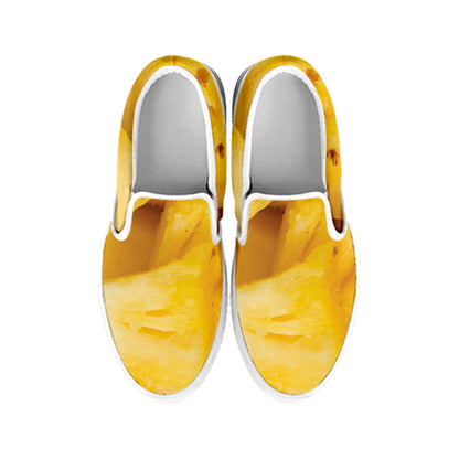 Yellow Pineapple Pieces Print White Slip On Shoes