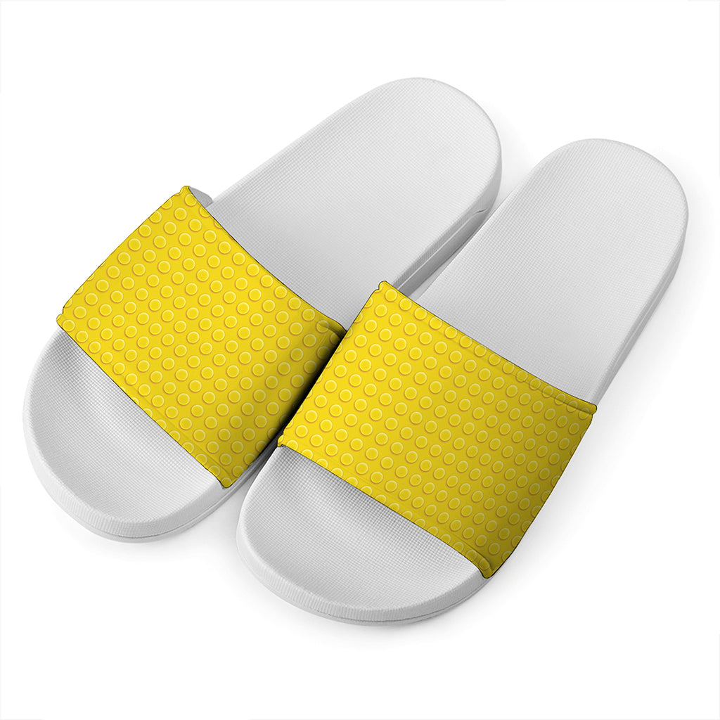 Yellow Plastic Building Blocks Print White Slide Sandals