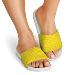 Yellow Plastic Building Blocks Print White Slide Sandals