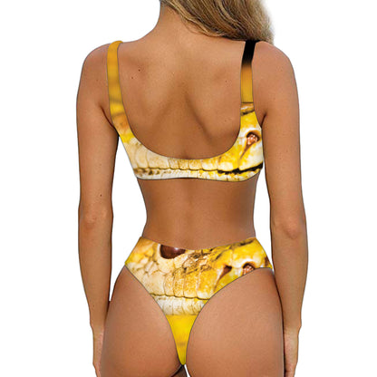 Yellow Python Snake Print Front Bow Tie Bikini