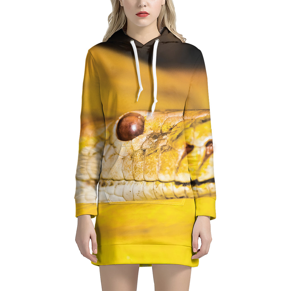 Yellow Python Snake Print Pullover Hoodie Dress