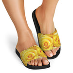 Yellow Rose Print Black Slide Sandals