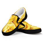 Yellow Rose Print Black Slip On Shoes