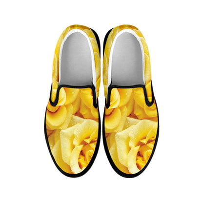 Yellow Rose Print Black Slip On Shoes