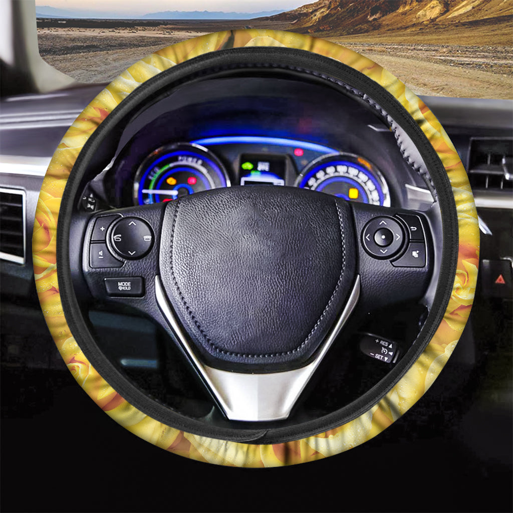 Yellow Rose Print Car Steering Wheel Cover