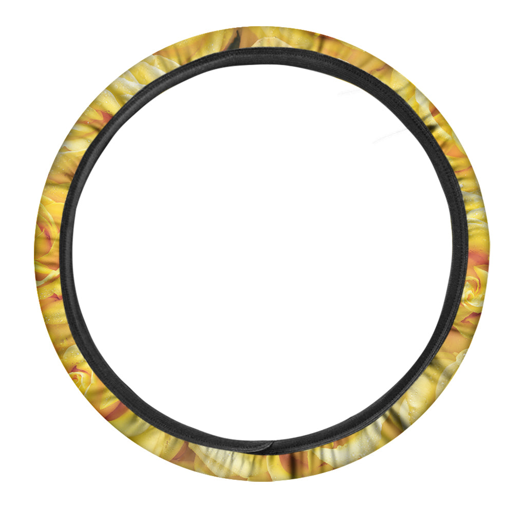 Yellow Rose Print Car Steering Wheel Cover