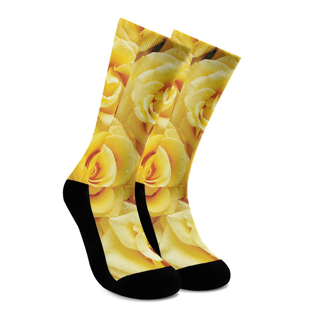 Yellow Rose Print Crew Socks
