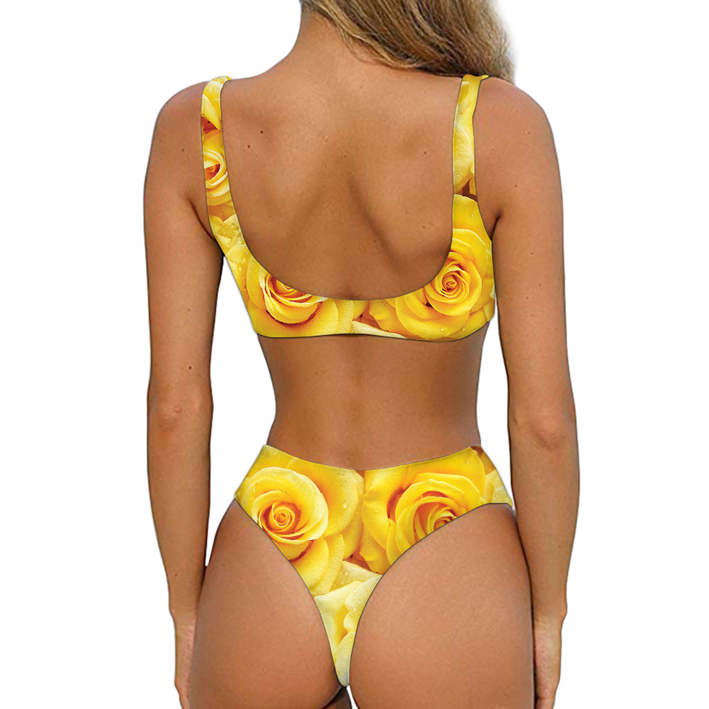 Yellow Rose Print Front Bow Tie Bikini