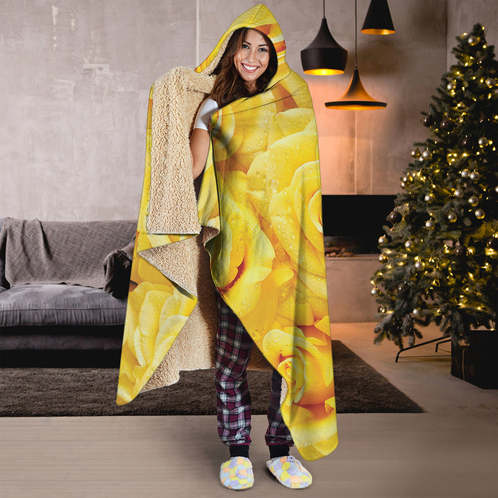 Yellow Rose Print Hooded Blanket