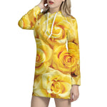 Yellow Rose Print Hoodie Dress