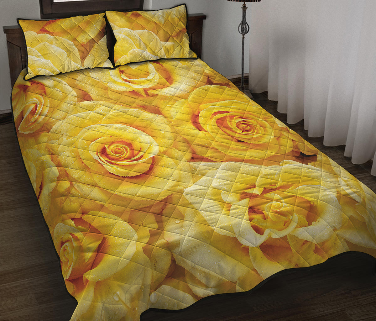 Yellow Rose Print Quilt Bed Set