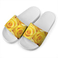 Yellow Rose Print White Slide Sandals
