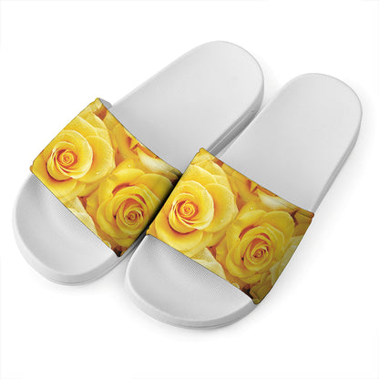 Yellow Rose Print White Slide Sandals