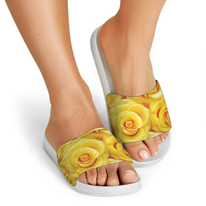 Yellow Rose Print White Slide Sandals