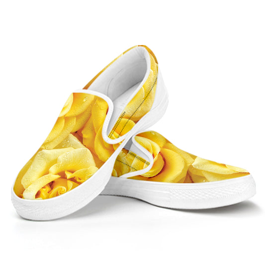 Yellow Rose Print White Slip On Shoes