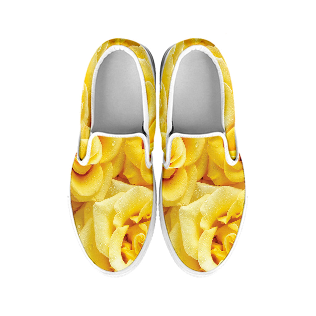 Yellow Rose Print White Slip On Shoes
