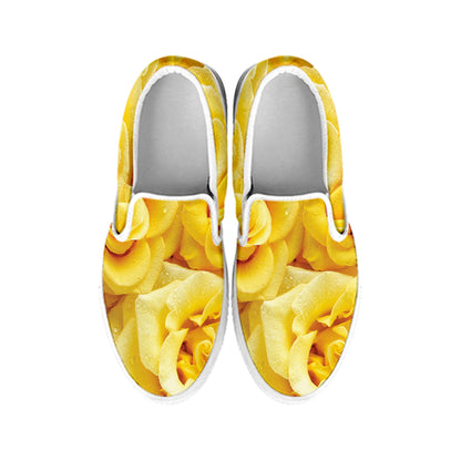 Yellow Rose Print White Slip On Shoes