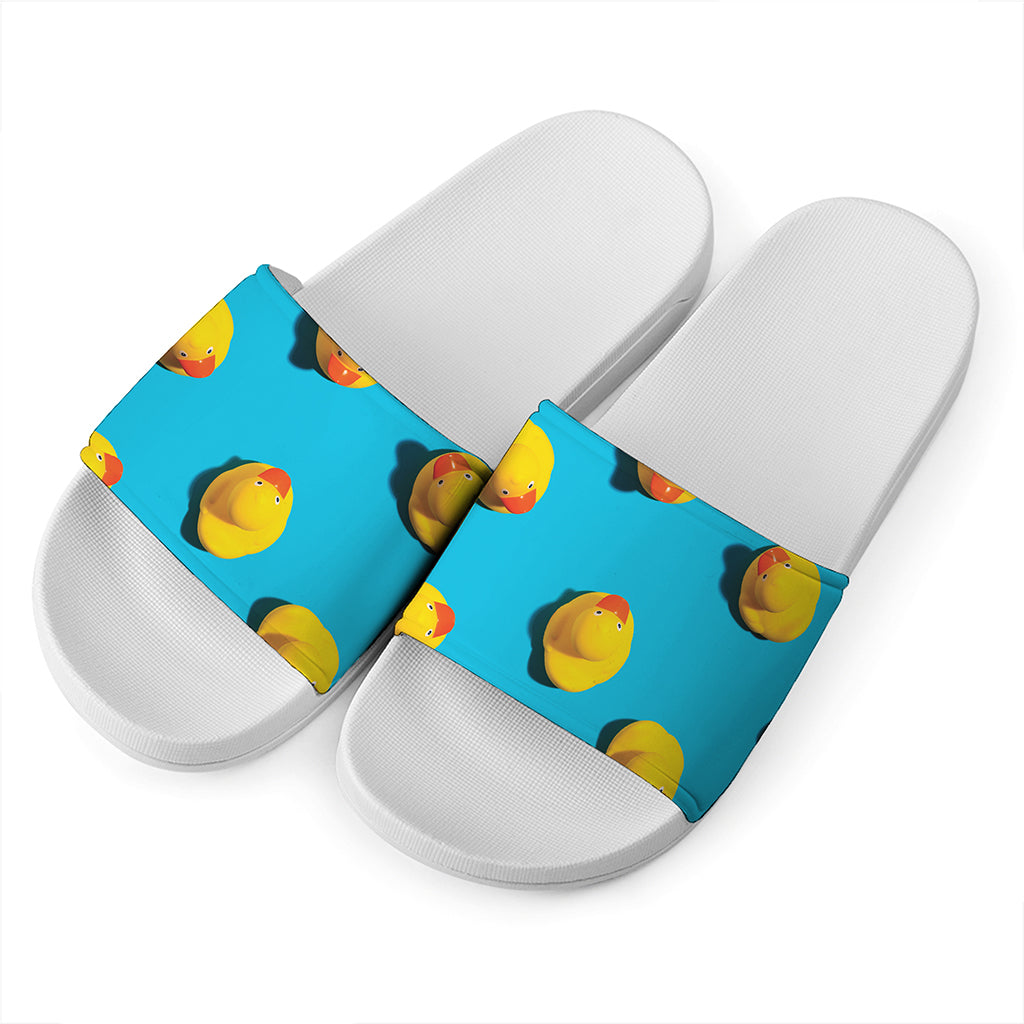 Yellow Rubber Ducks Print White Slide Sandals