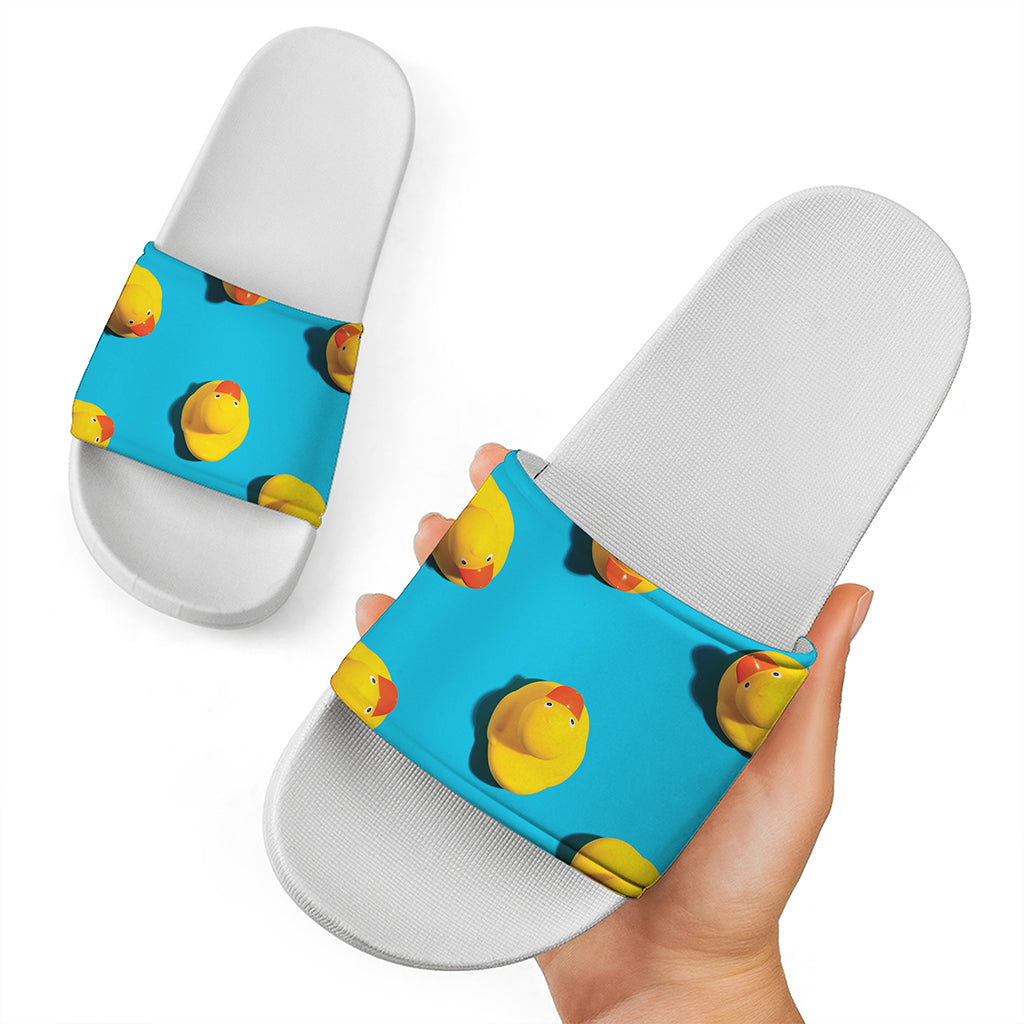 Yellow Rubber Ducks Print White Slide Sandals