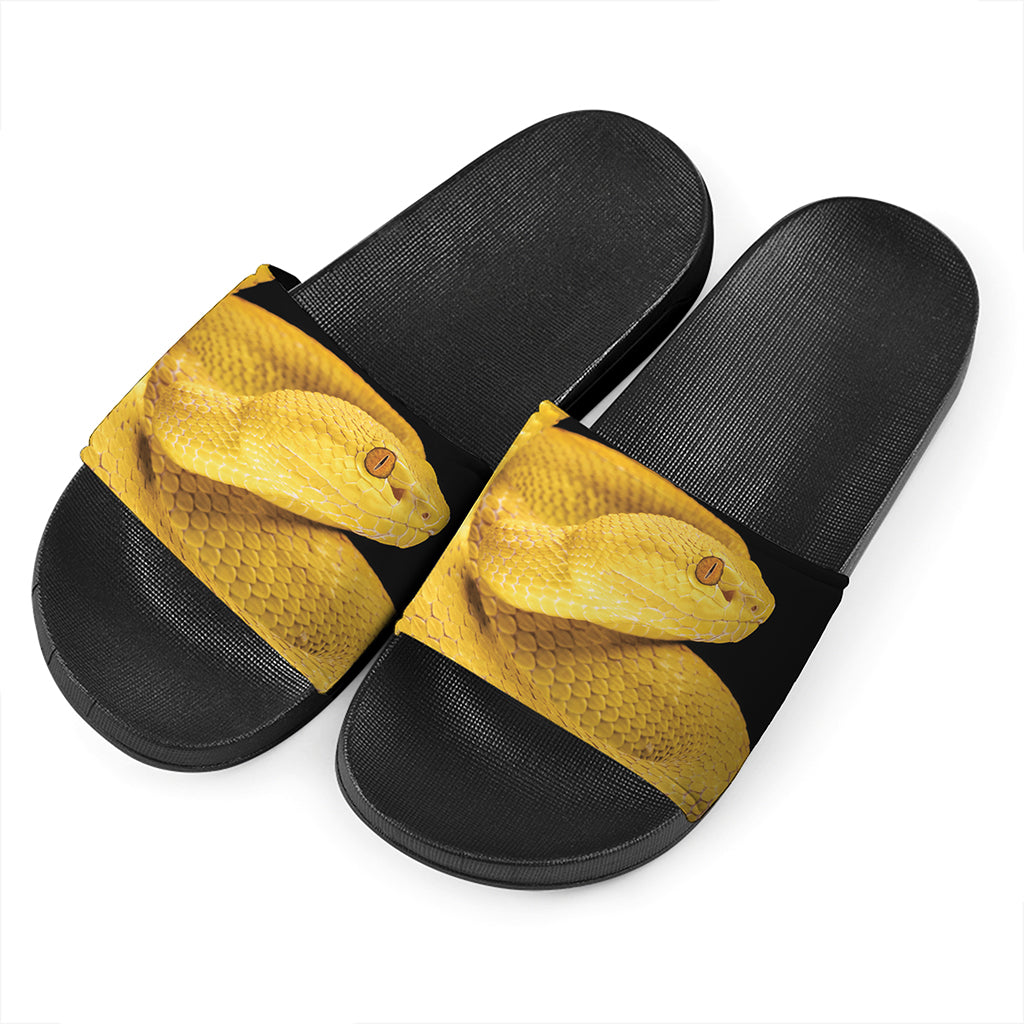 Yellow Snake Print Black Slide Sandals