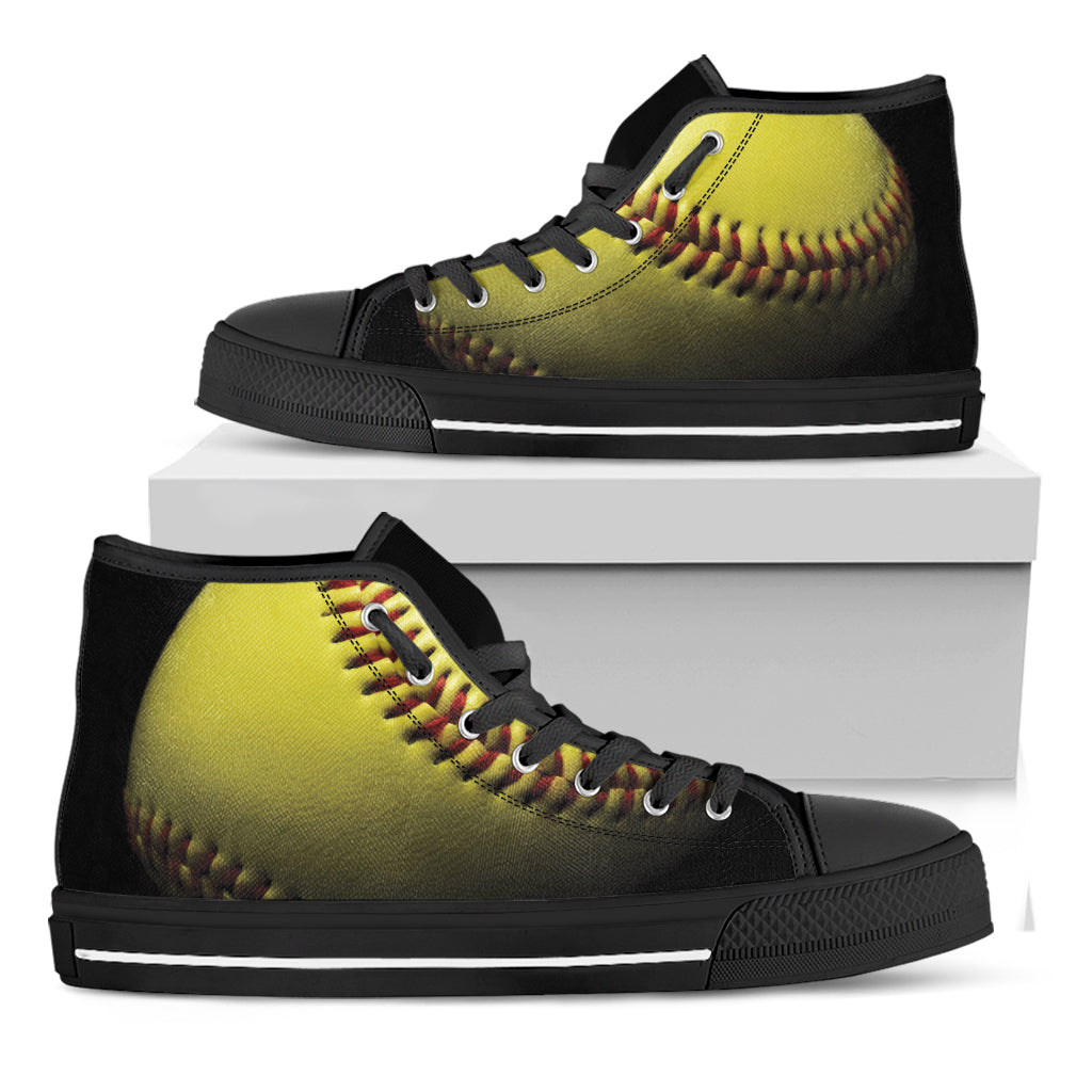 Yellow Softball Ball Print Black High Top Shoes