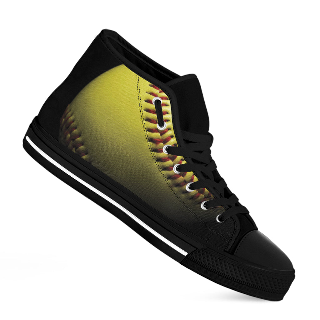 Yellow Softball Ball Print Black High Top Shoes