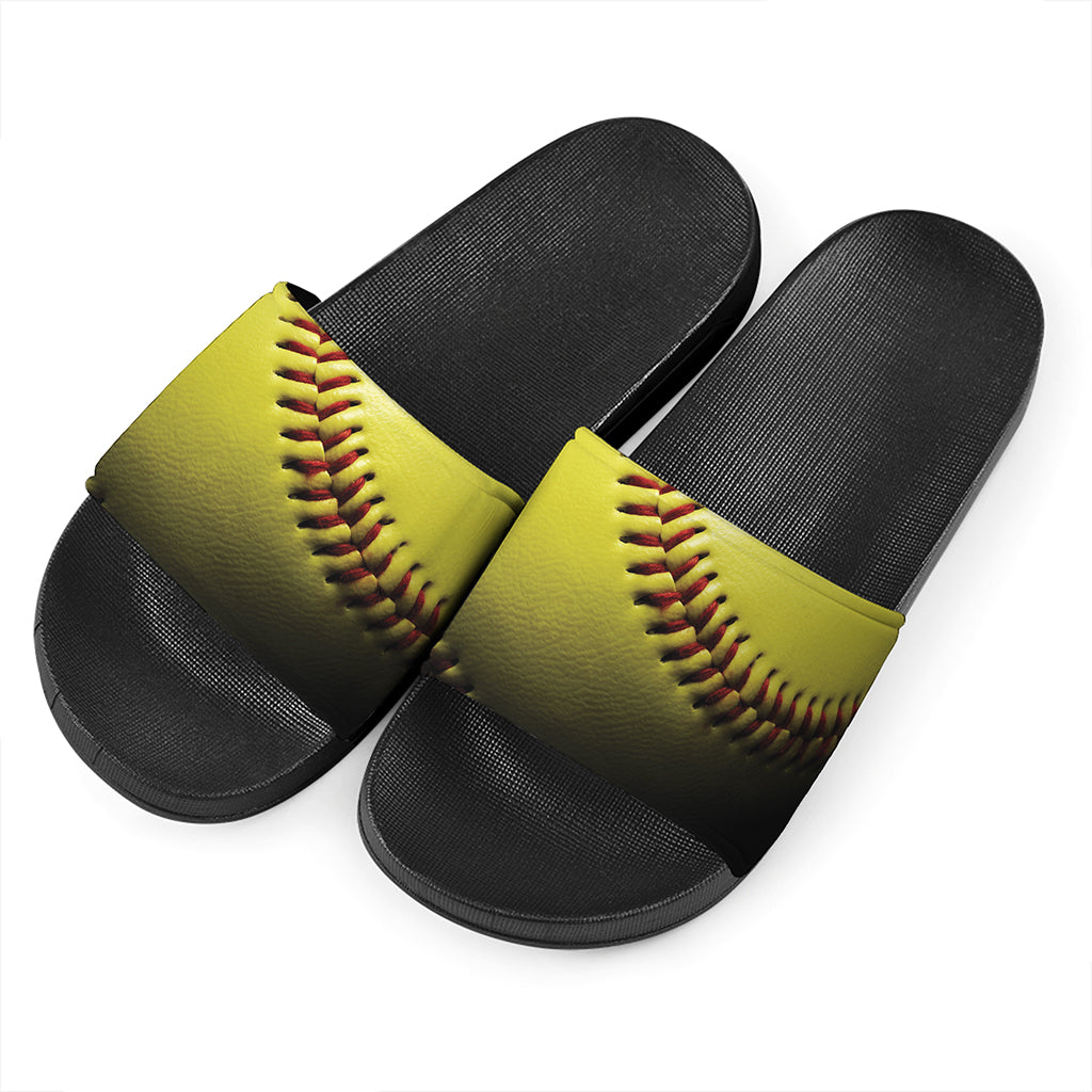 Yellow Softball Ball Print Black Slide Sandals