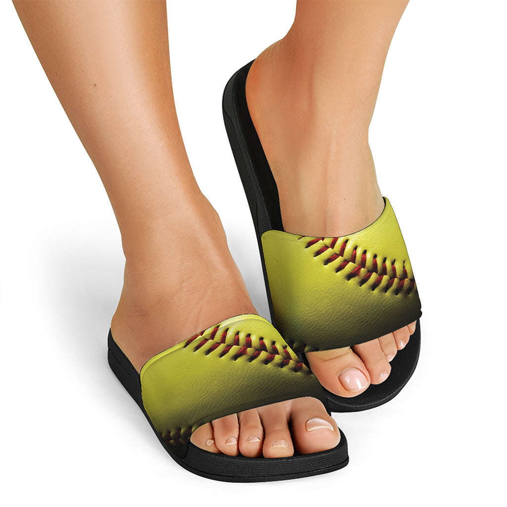 Yellow Softball Ball Print Black Slide Sandals