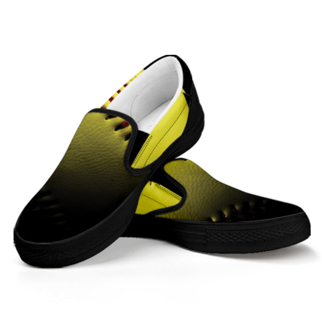 Yellow Softball Ball Print Black Slip On Shoes