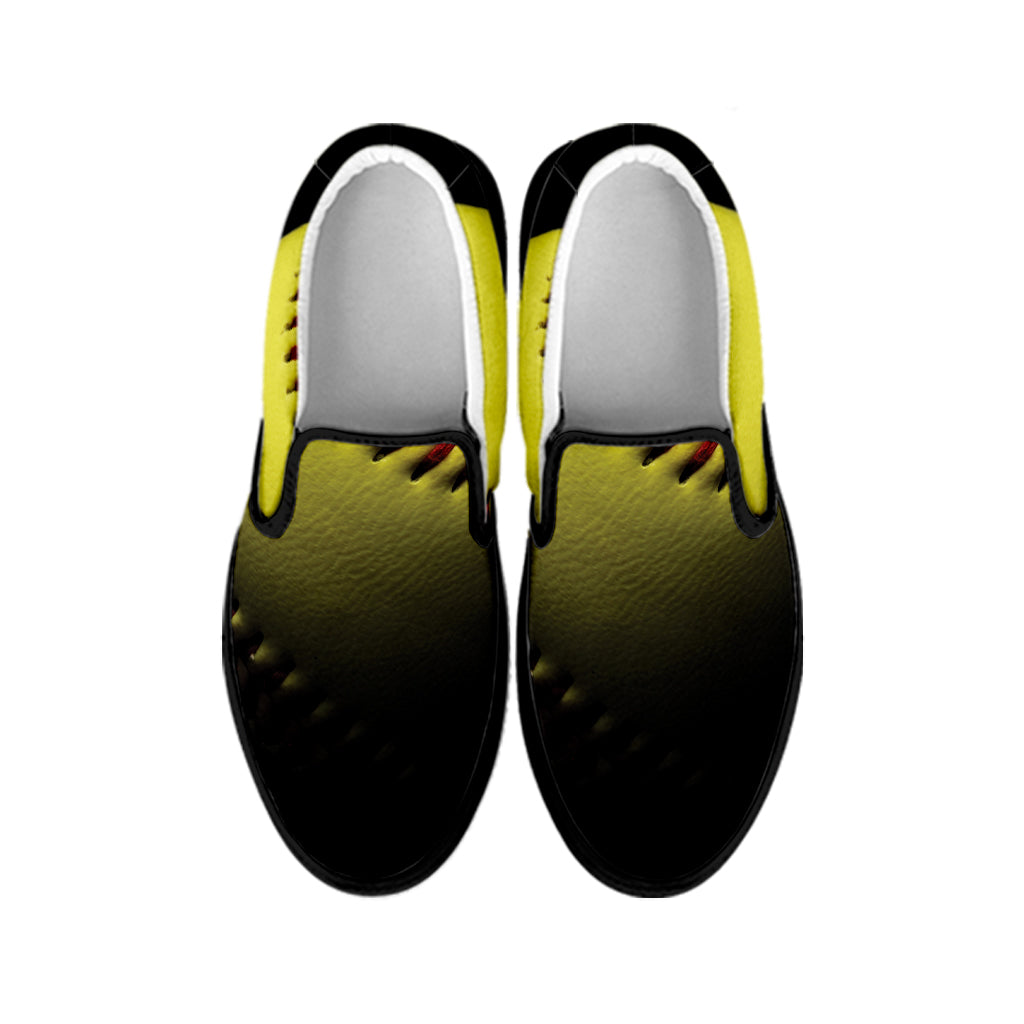 Yellow Softball Ball Print Black Slip On Shoes