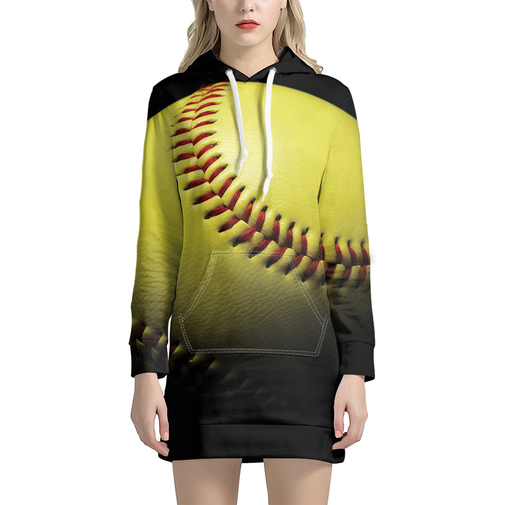 Yellow Softball Ball Print Pullover Hoodie Dress